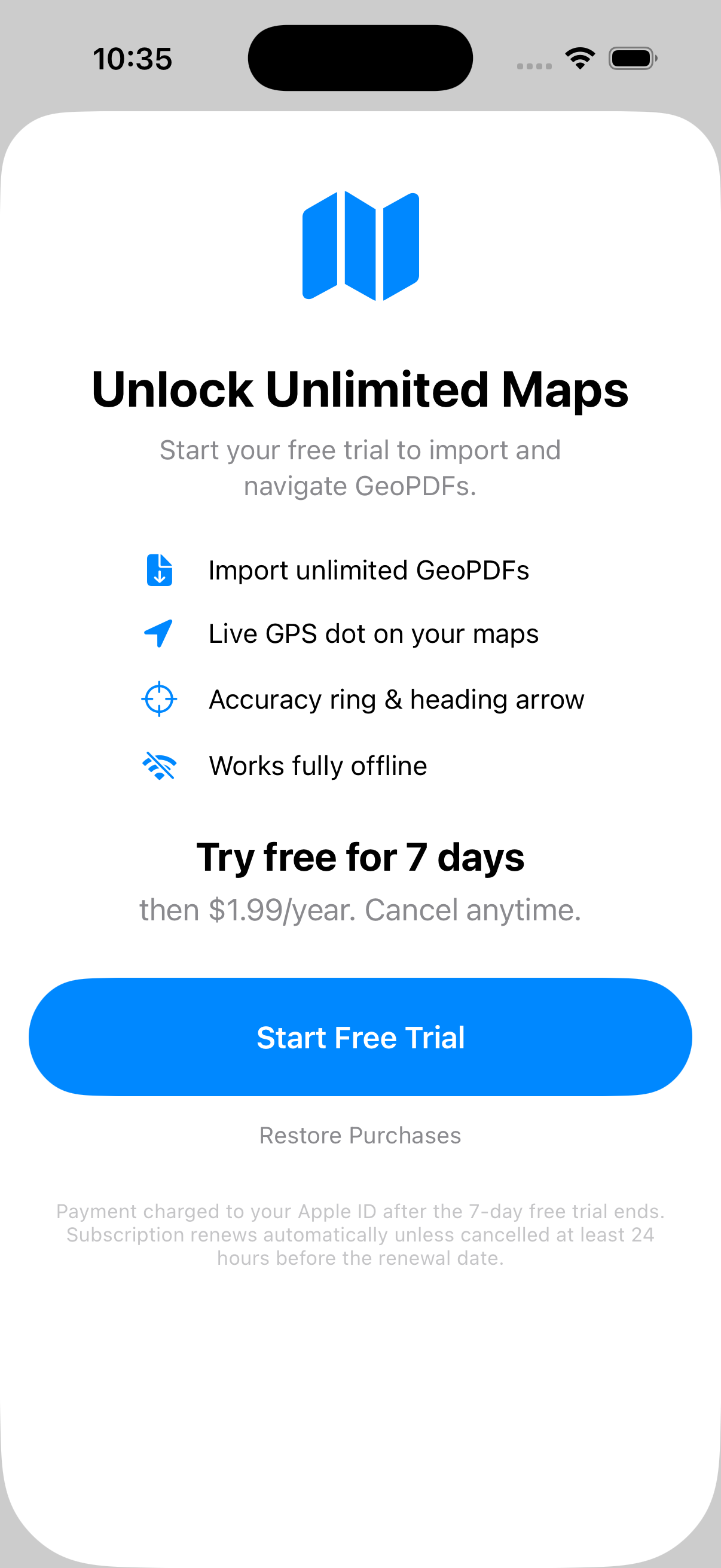 Subscription screen showing $1.99 per year